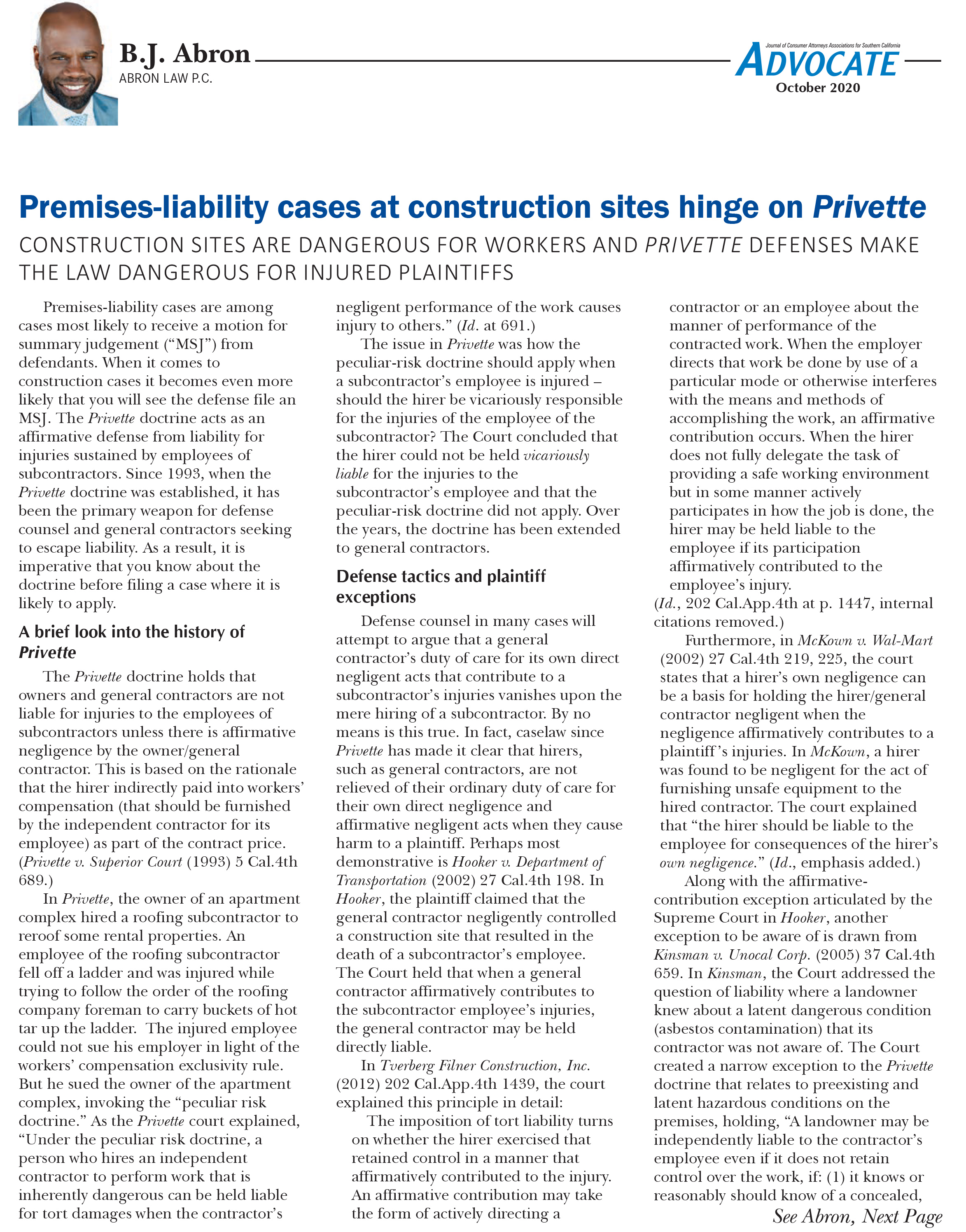 Premises-liability cases at construction sites hinge on Privette